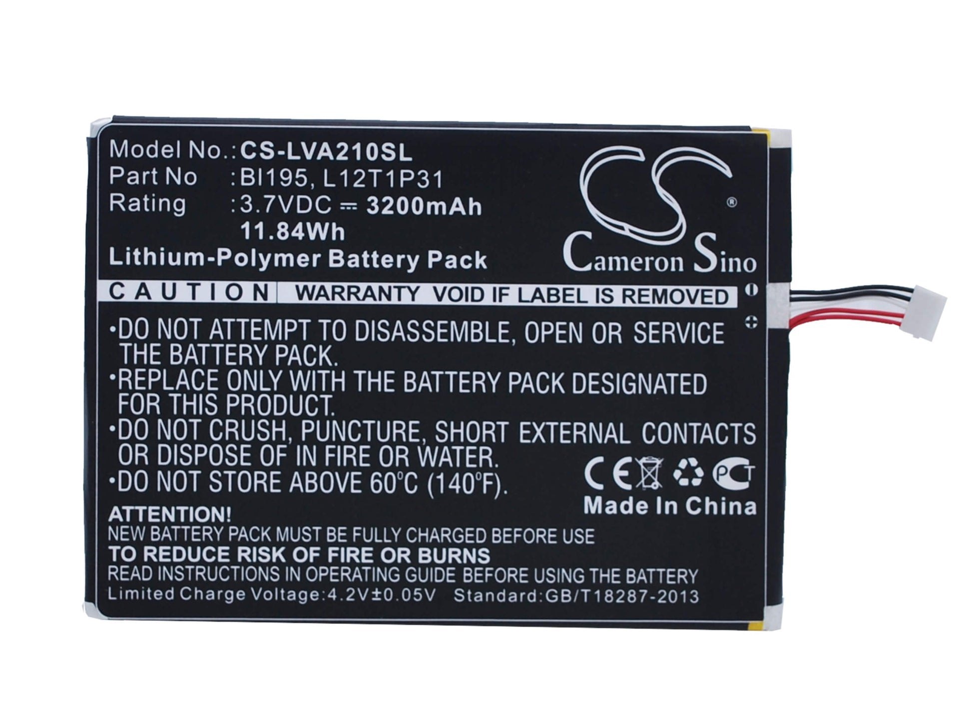 3.7V, 3200mAh, Li-Polymer Battery fits Lenovo, A2, A2107, 11.84Wh