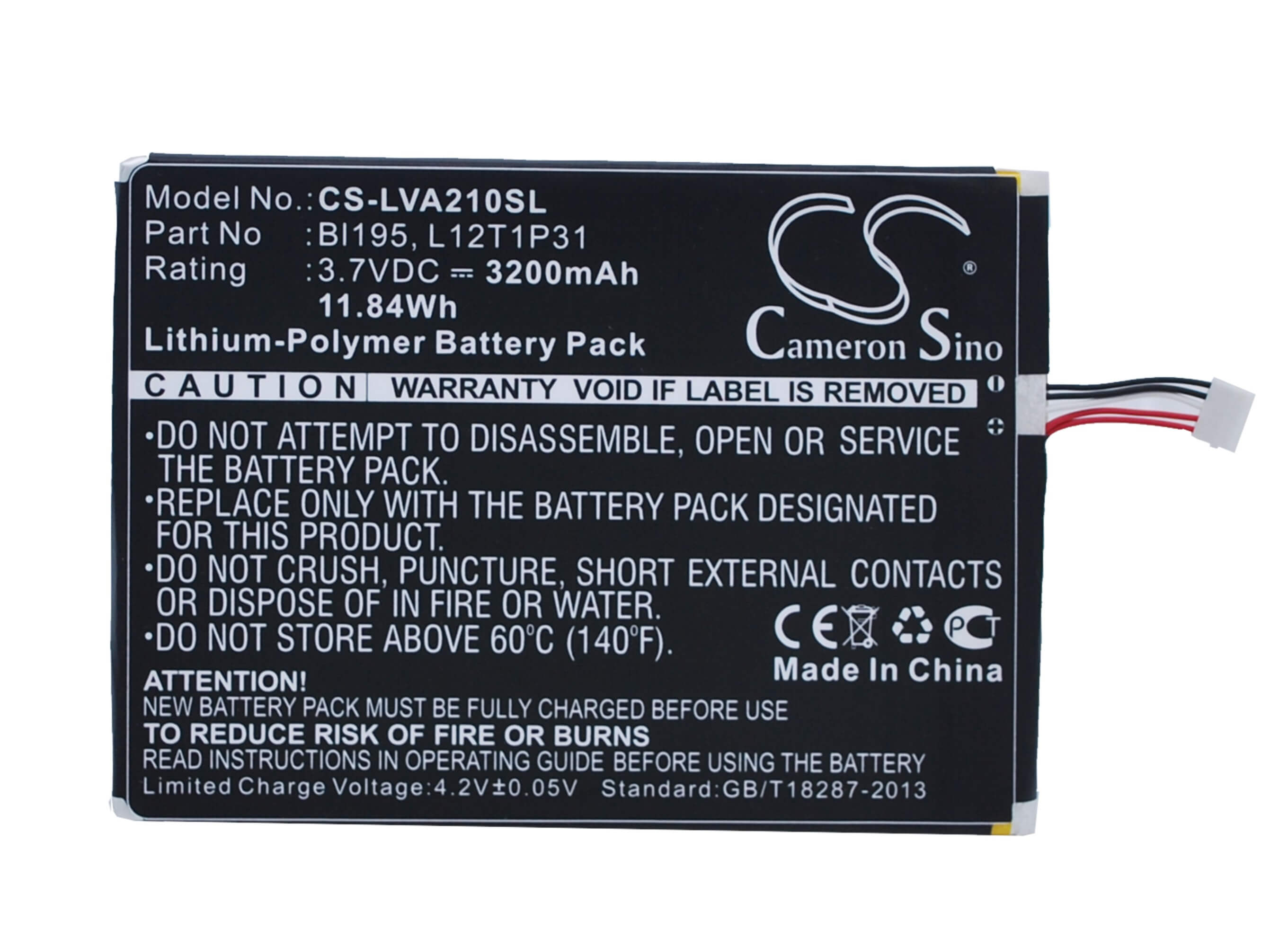 3.7V, 3200mAh, Li-Polymer Battery fits Lenovo, A2, A2107, 11.84Wh