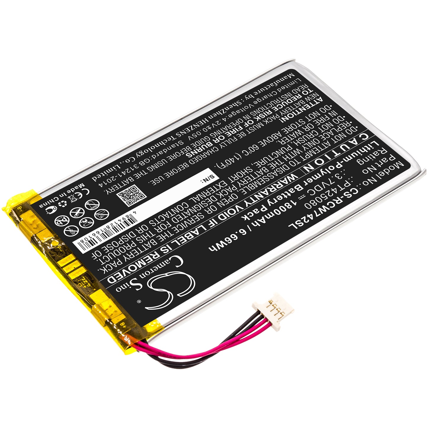 3.7V, 1800mAh, Li-Polymer Battery fits Rca, Rct6773w22, Rct6773w22b, 6.66Wh