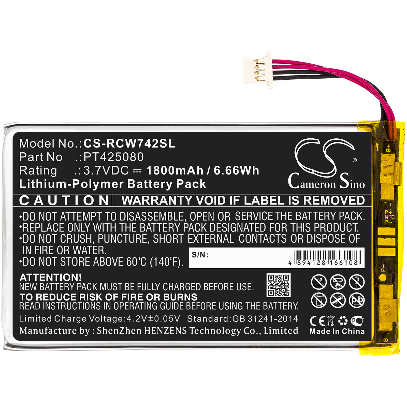 3.7V, 1800mAh, Li-Polymer Battery fits Rca, Rct6773w22, Rct6773w22b, 6.66Wh