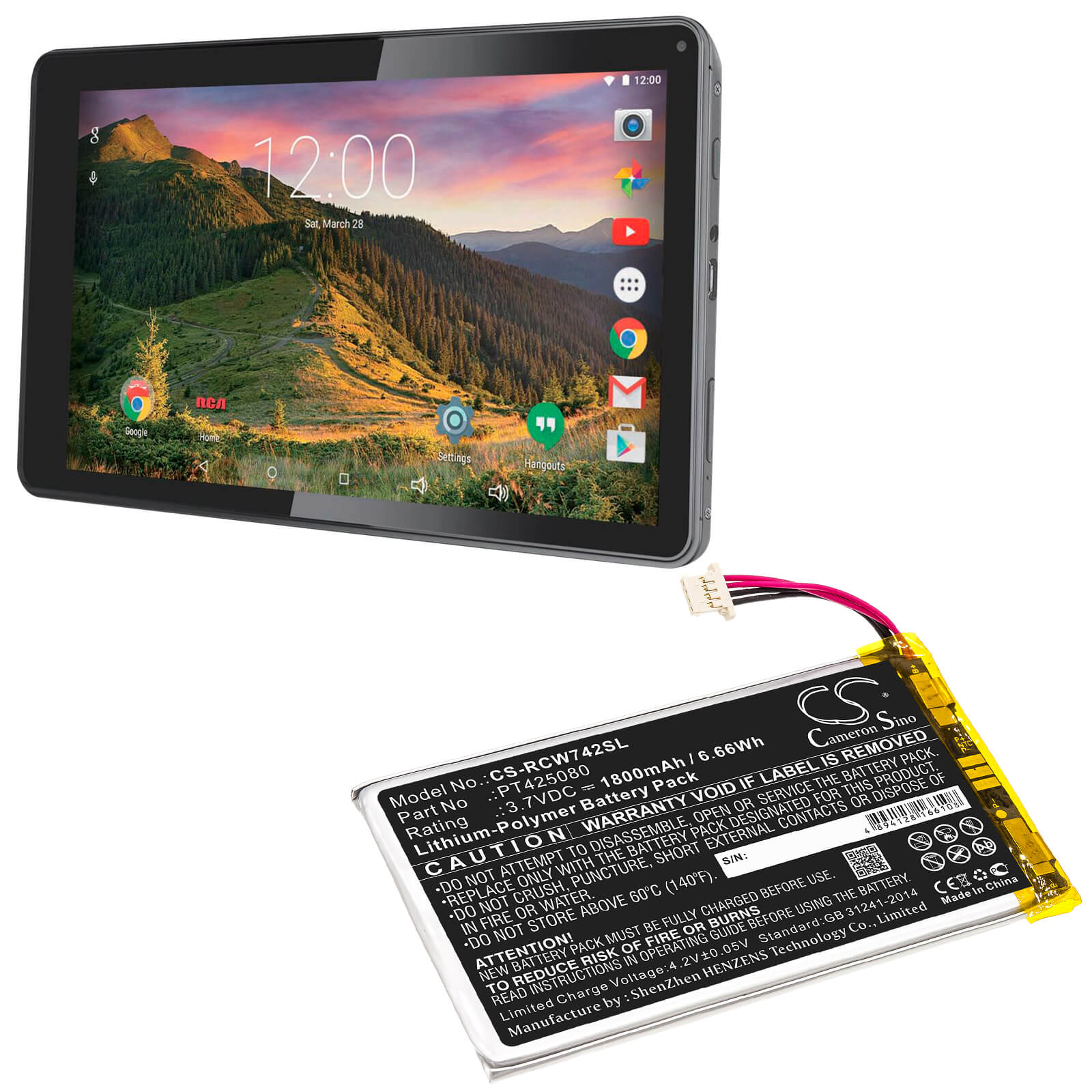 3.7V, 1800mAh, Li-Polymer Battery fits Rca, Rct6773w22, Rct6773w22b, 6.66Wh