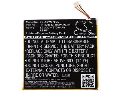 3.7V, 2700mAh, Li-Polymer Battery fits Acer, Iconia One 7 B1-770, 9.99Wh