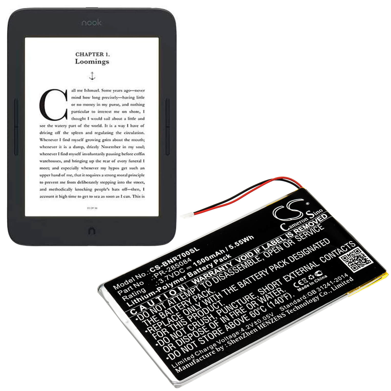 3.7V, 1500mAh, Li-Polymer Battery fits Barnes & Noble, Bnrv700, Glowlight Plus 7.8, 5.55Wh