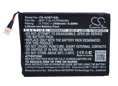 3.7V, 2400mAh, Li-ion Battery fits Acer, Iconia B1-a71, Iconia B1-a71-83174g00nk, 8.88Wh