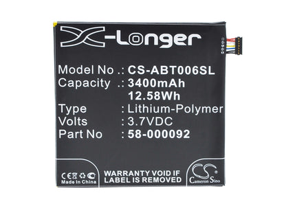3.7V, 3400mAh, Li-Polymer Battery fits Amazon, 26s1006, B00kc6i06s, 12.58Wh