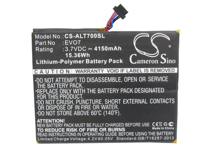 3.7V, 4150mAh, Li-Polymer Battery fits Alcatel, One Touch Evo 7, Ot-t70, 15.355Wh