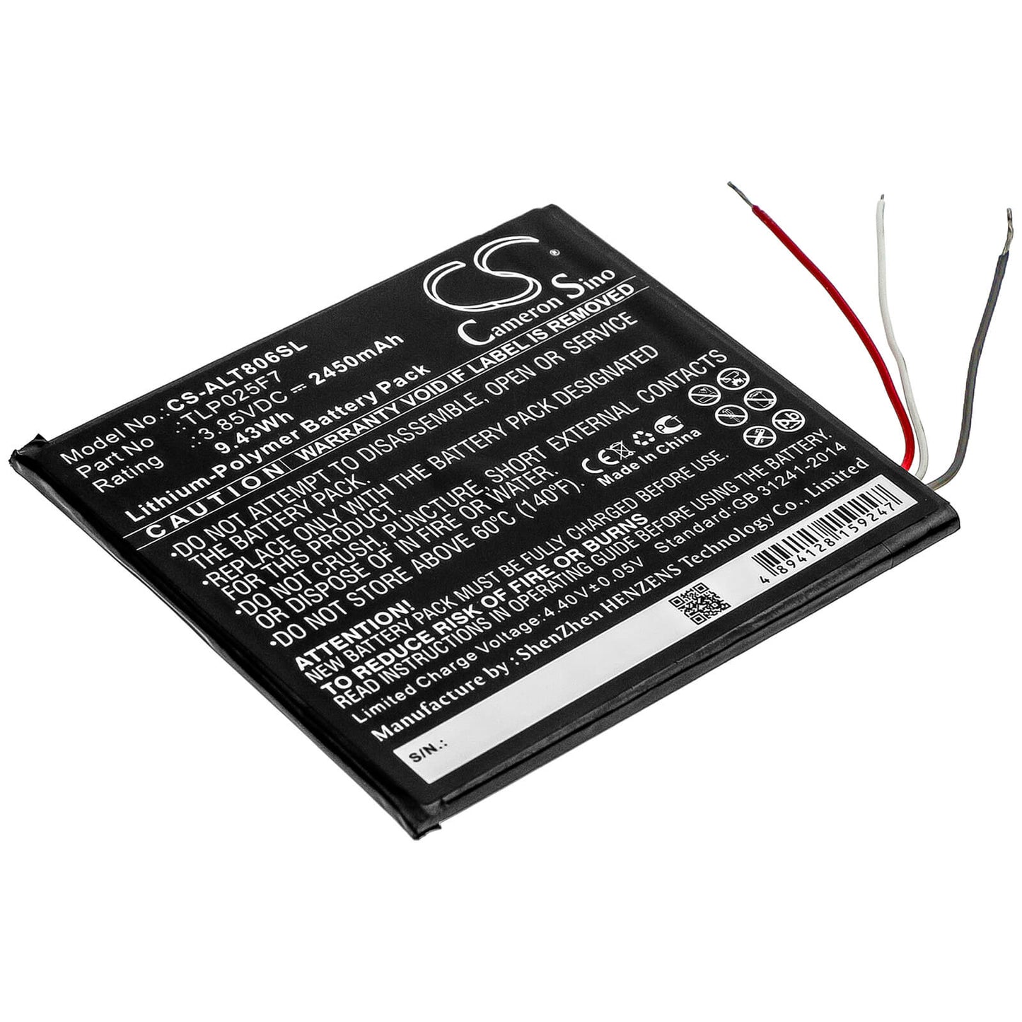 3.85V, 2450mAh, Li-Polymer Battery fits Alcatel, 1t 7", Ot-8068, 9.4325Wh