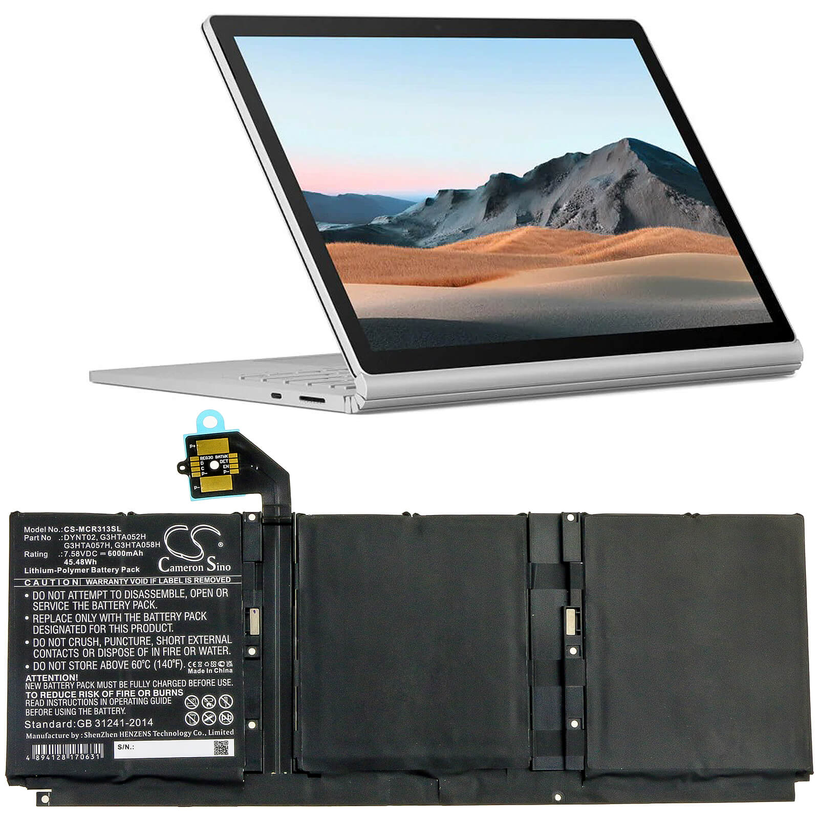 7.58V, 6000mAh, Li-Polymer Battery fits Microsoft, Surface Book 3 13 Core I5-1035, Surface Book 3 15 1872, 45.48Wh