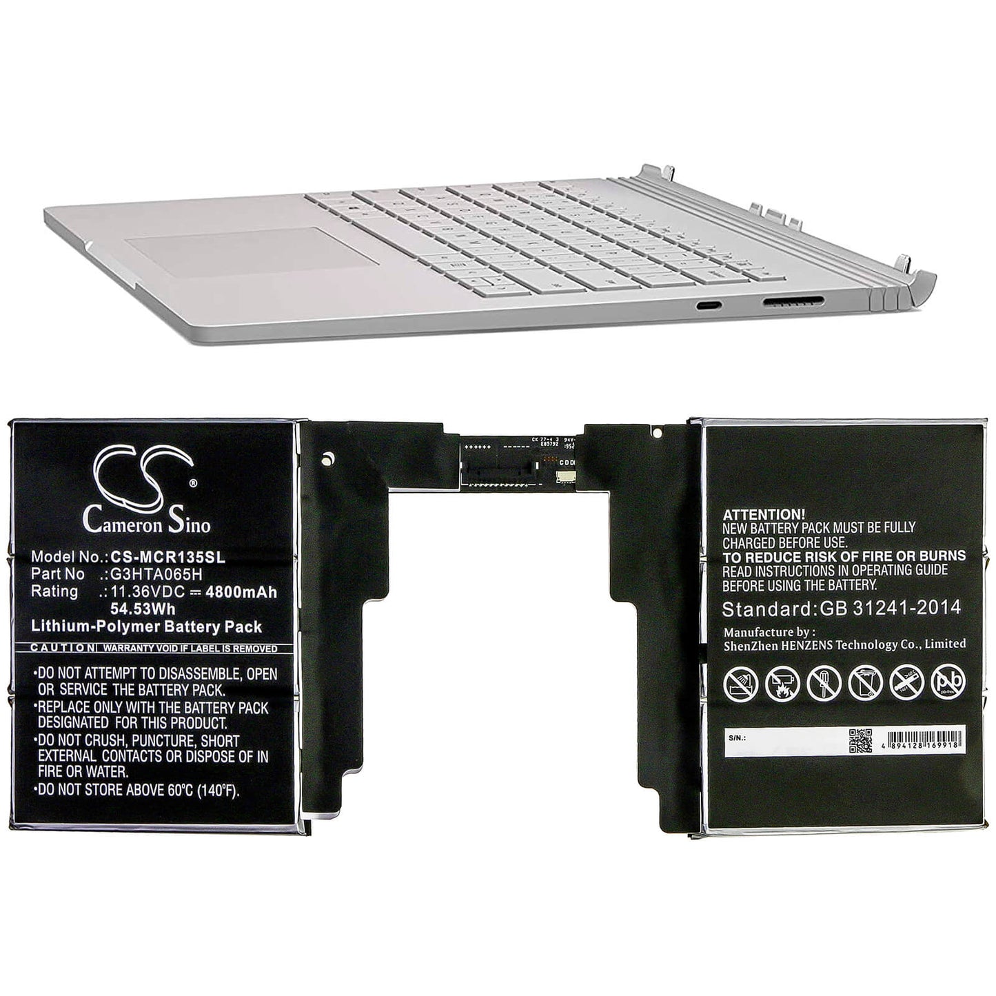 11.36V, 4800mAh, Li-Polymer Battery fits Microsoft, Surface Book 3 13.5 Keyboard, 54.528Wh