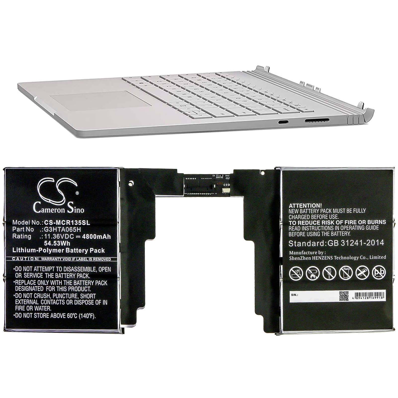 11.36V, 4800mAh, Li-Polymer Battery fits Microsoft, Surface Book 3 13.5 Keyboard, 54.528Wh
