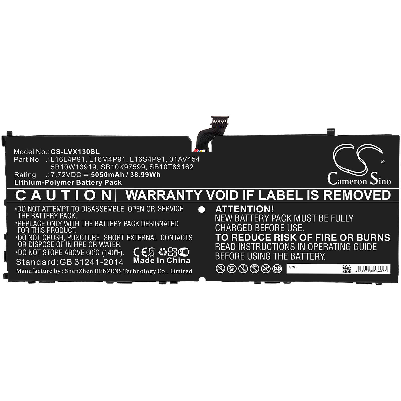 7.72V, 5050mAh, Li-Polymer Battery fits Lenovo, Thinkpad X1 3rd, 38.986Wh