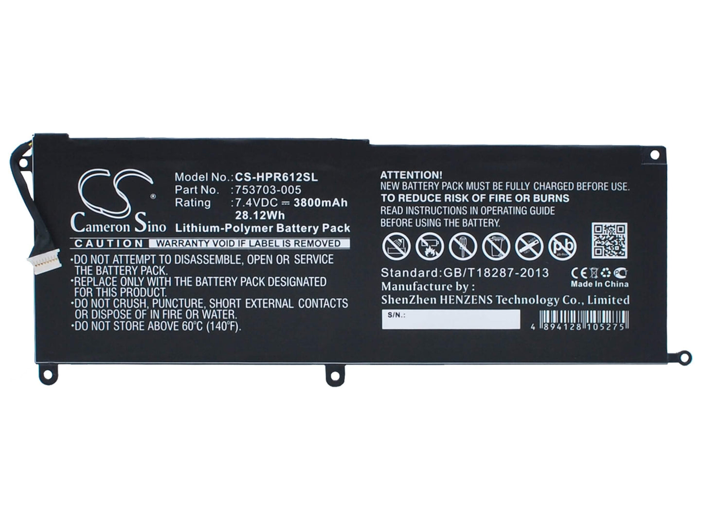 7.4V, 3800mAh, Li-Polymer Battery fits Hp, Pro Tablet X2 612 G1, Pro Tablet X2 612 G1(f1p90ea), 28.12Wh