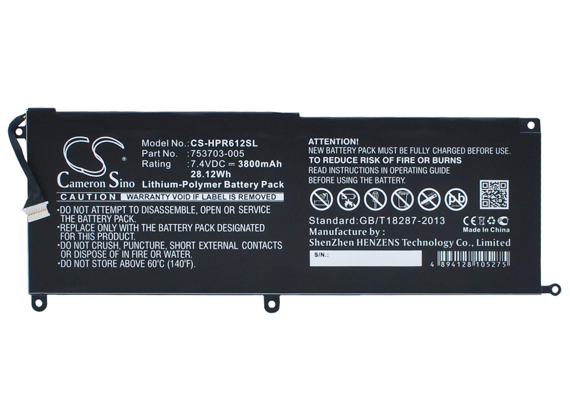 7.4V, 3800mAh, Li-Polymer Battery fits Hp, Pro Tablet X2 612 G1, Pro Tablet X2 612 G1(f1p90ea), 28.12Wh