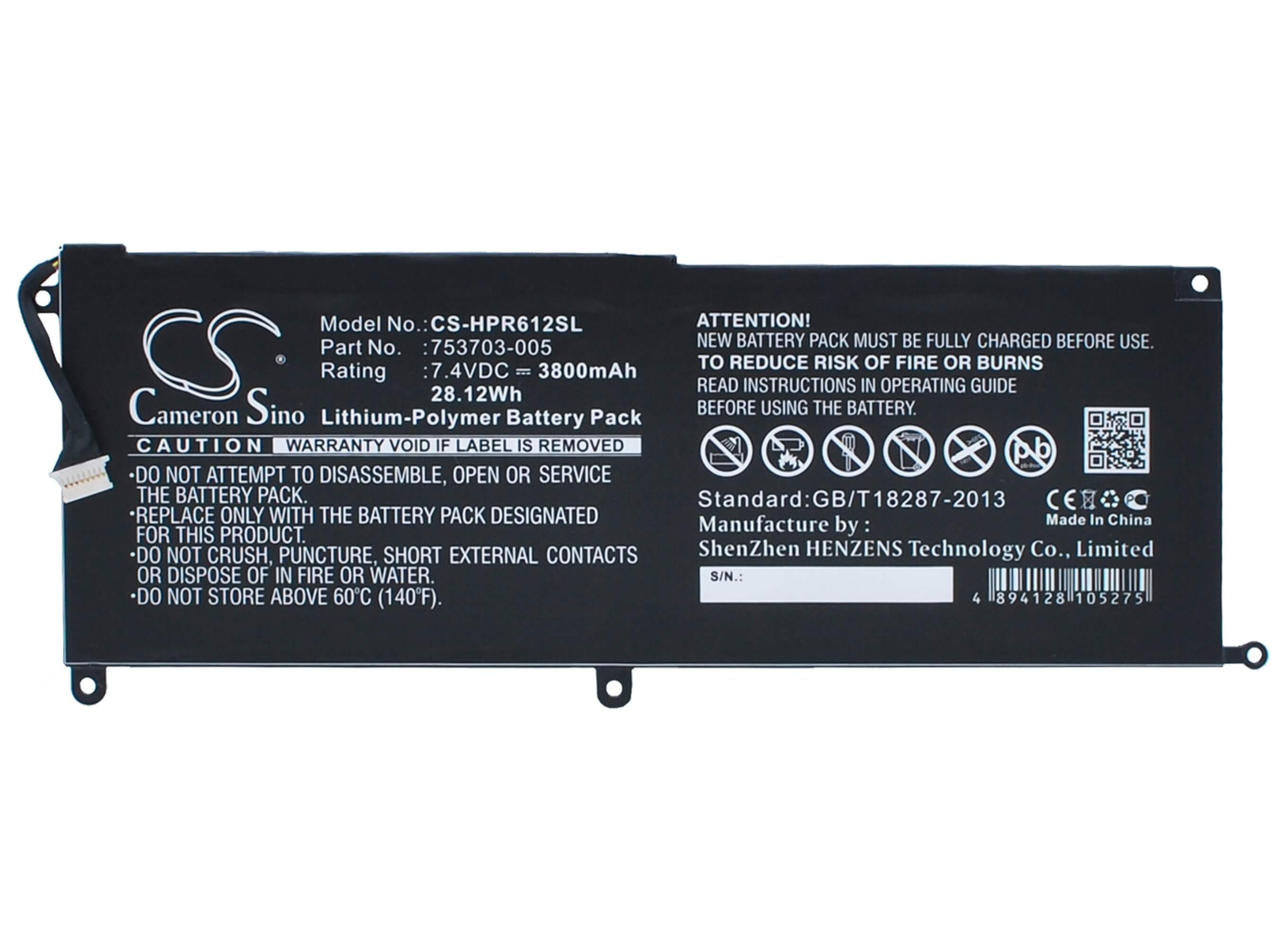 7.4V, 3800mAh, Li-Polymer Battery fits Hp, Pro Tablet X2 612 G1, Pro Tablet X2 612 G1(f1p90ea), 28.12Wh