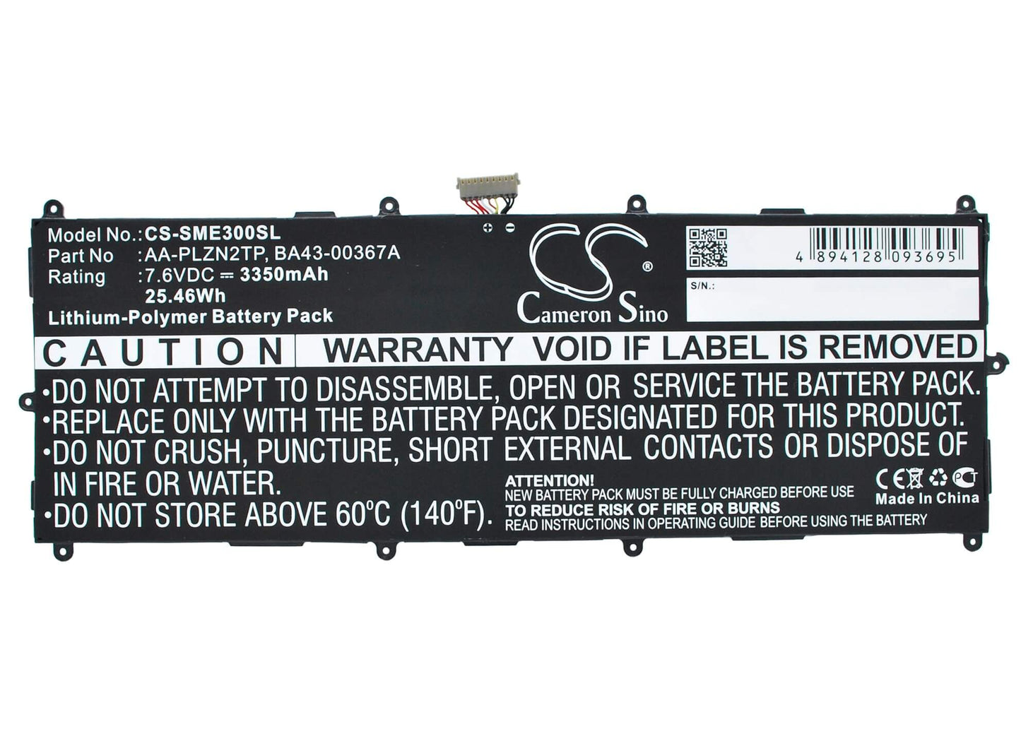 7.6V, 3350mAh, Li-Polymer Battery fits Samsung, Ativ Tab 3 10.1, Galaxy Ativ Tab3, 25.46Wh