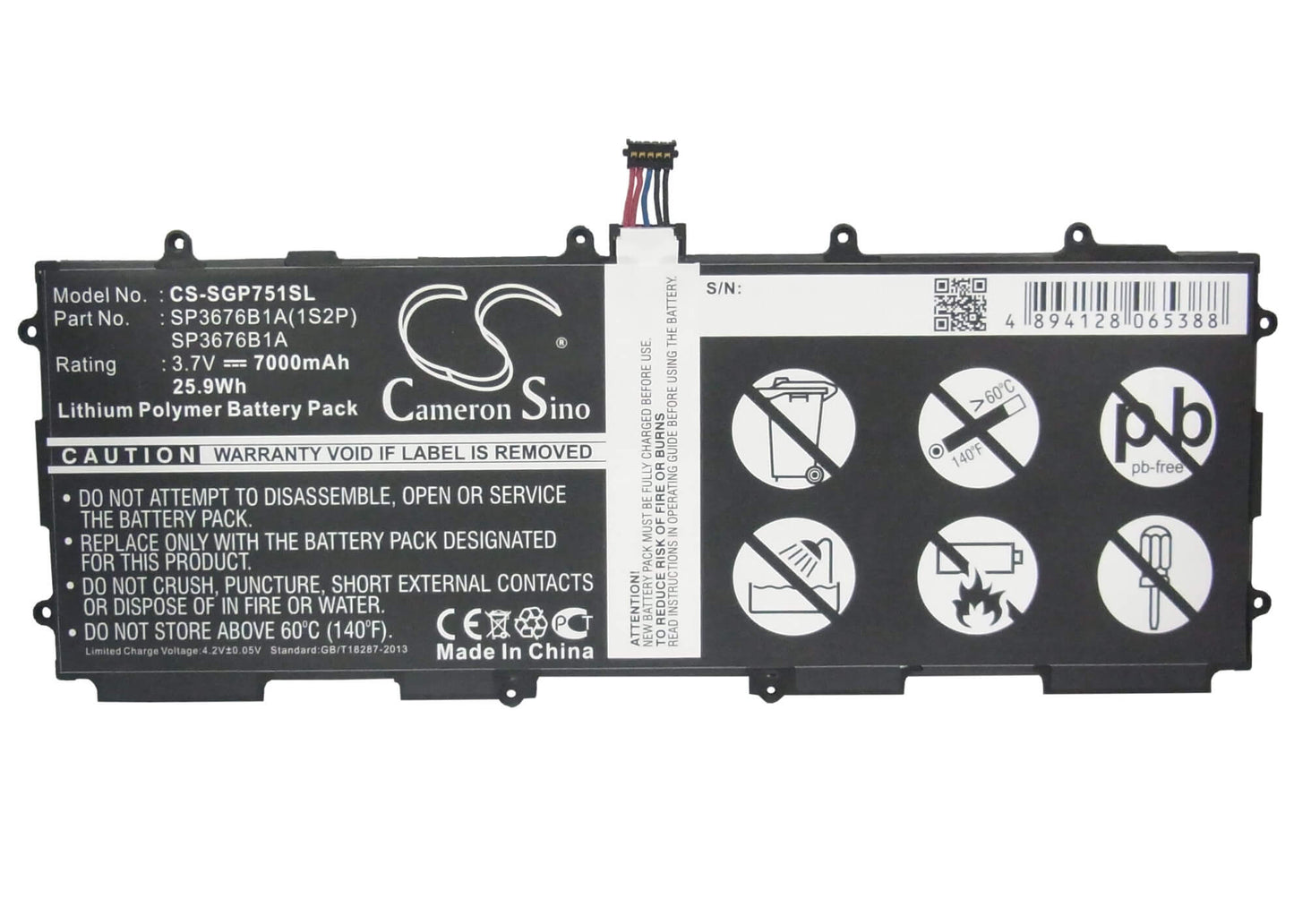 3.7V, 7000mAh, Li-Polymer Battery fits Samsung, Galaxy Note 10.1 Lte, Galaxy Tab 2 10.1, 25.9Wh