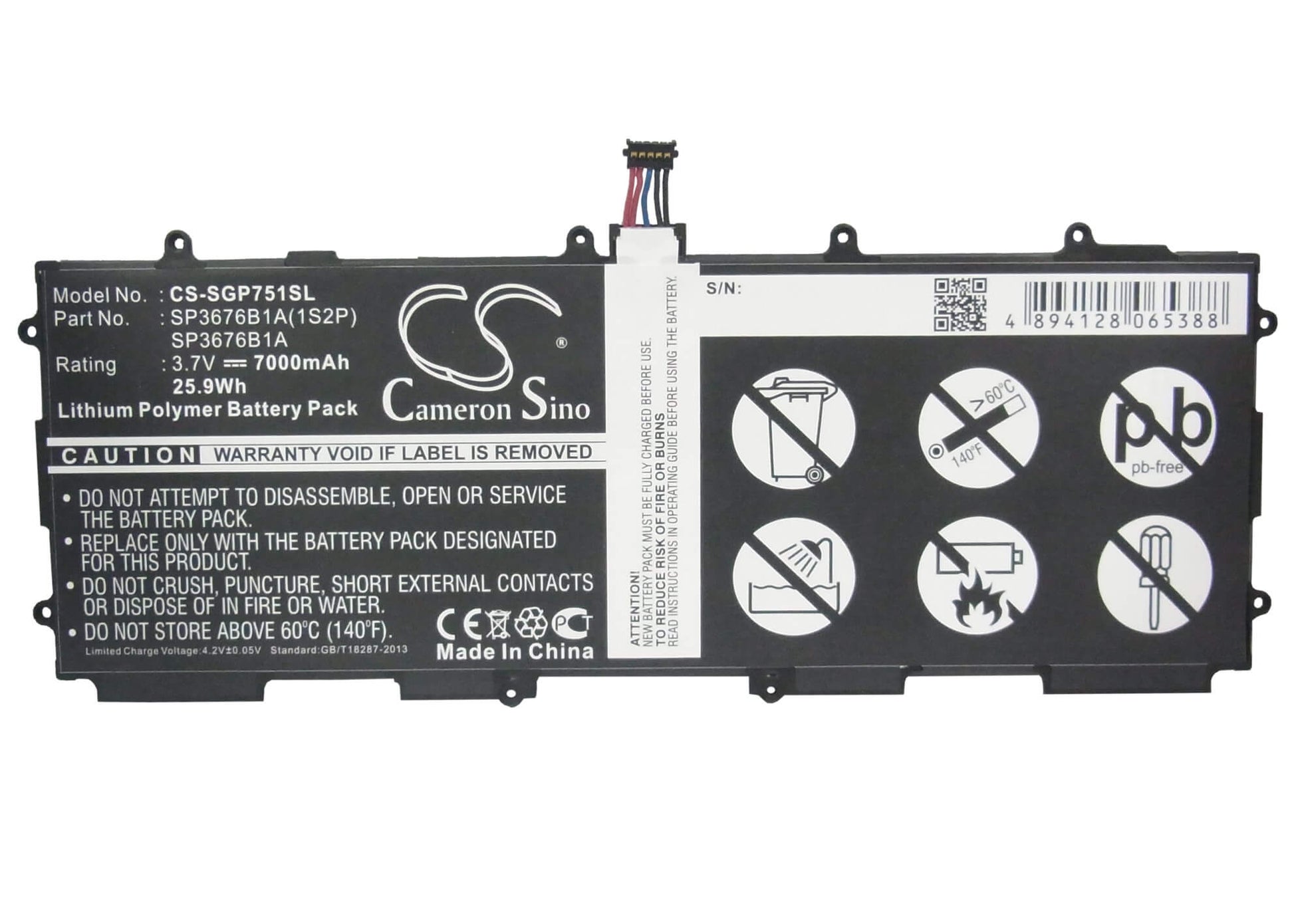 3.7V, 7000mAh, Li-Polymer Battery fits Samsung, Galaxy Note 10.1 Lte, Galaxy Tab 2 10.1, 25.9Wh