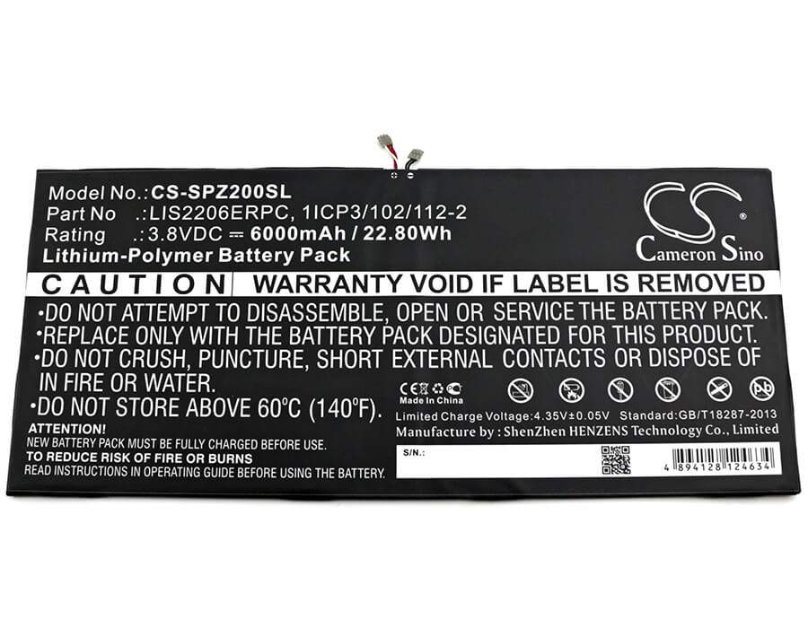 3.8V, 6000mAh, Li-Polymer Battery fits Sony, Castor, Sgp511, 22.8Wh