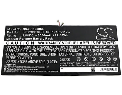 3.8V, 6000mAh, Li-Polymer Battery fits Sony, Castor, Sgp511, 22.8Wh