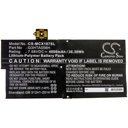 7.58V, 4800mAh, Li-Polymer Battery fits Microsoft, Surface Pro X 1876, 36.384Wh