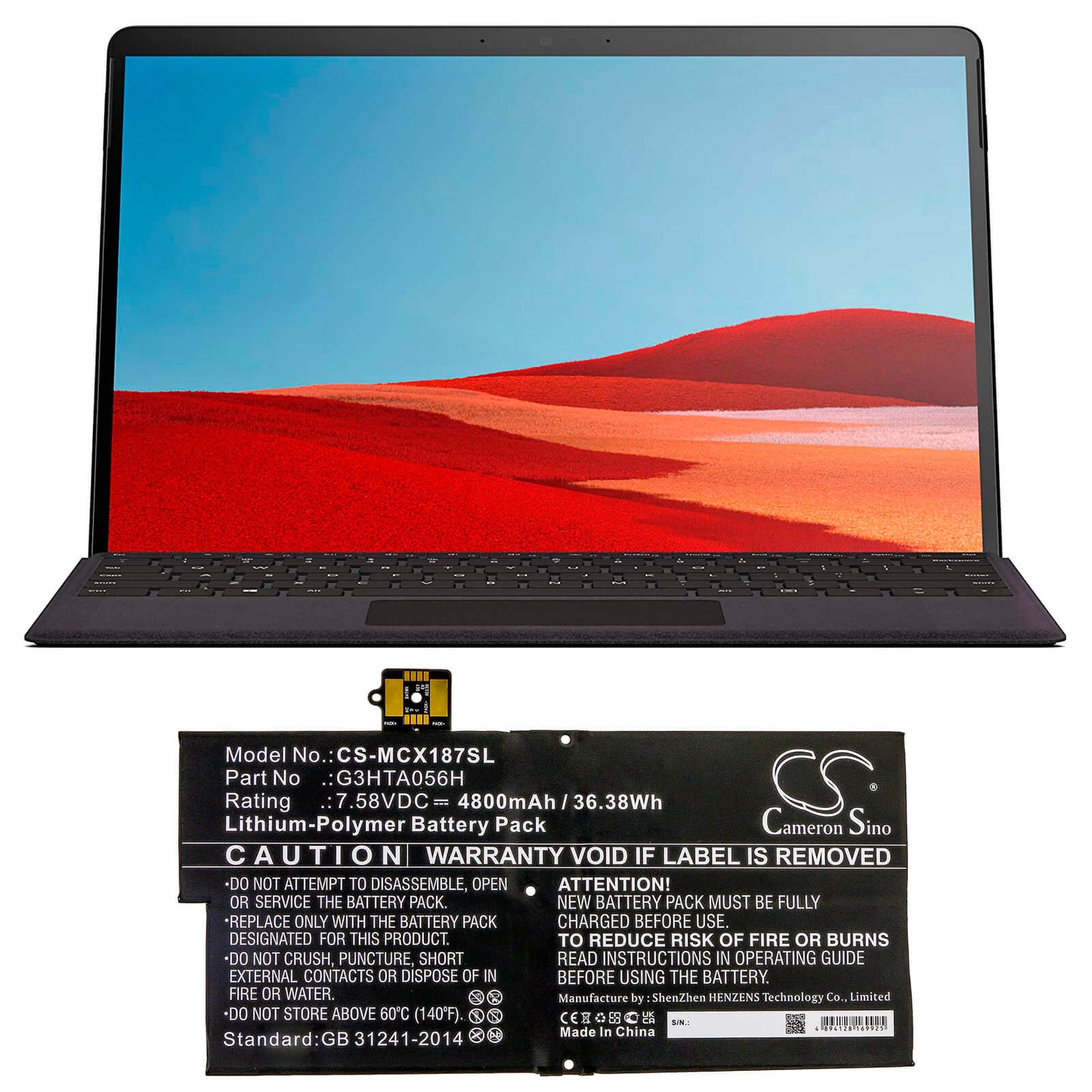 7.58V, 4800mAh, Li-Polymer Battery fits Microsoft, Surface Pro X 1876, 36.384Wh