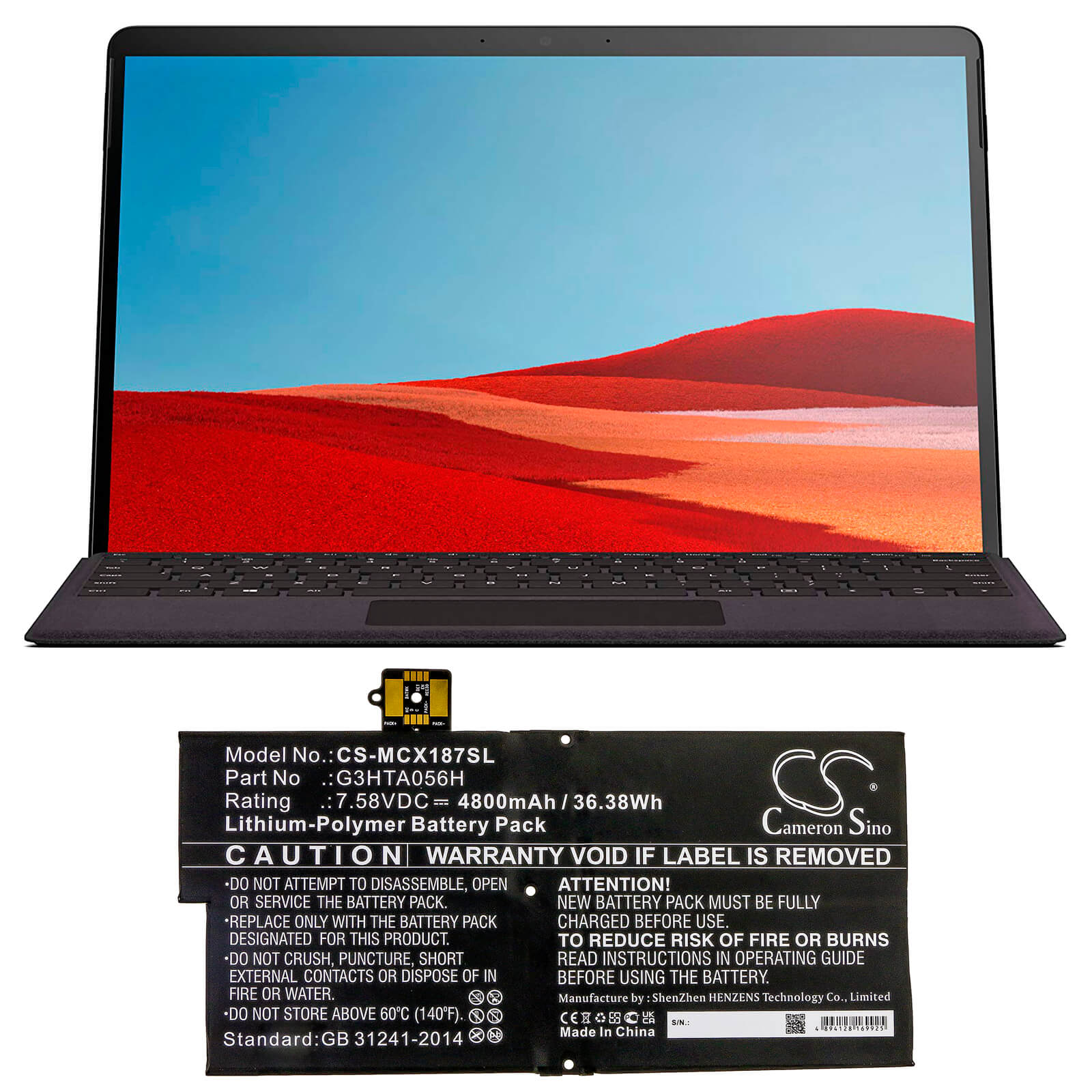 7.58V, 4800mAh, Li-Polymer Battery fits Microsoft, Surface Pro X 1876, 36.384Wh