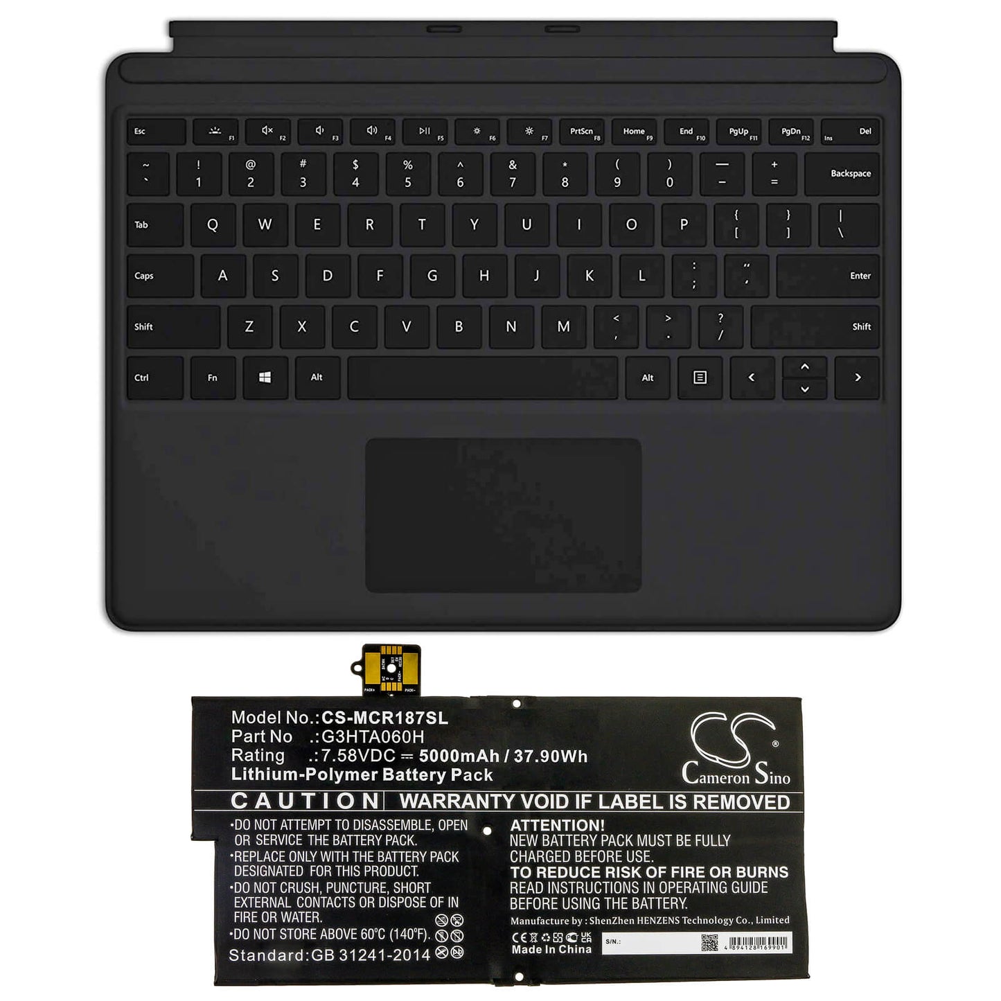 7.58V, 5000mAh, Li-Polymer Battery fits Microsoft, Surface Pro X 1876 Keyboard, 37.9Wh