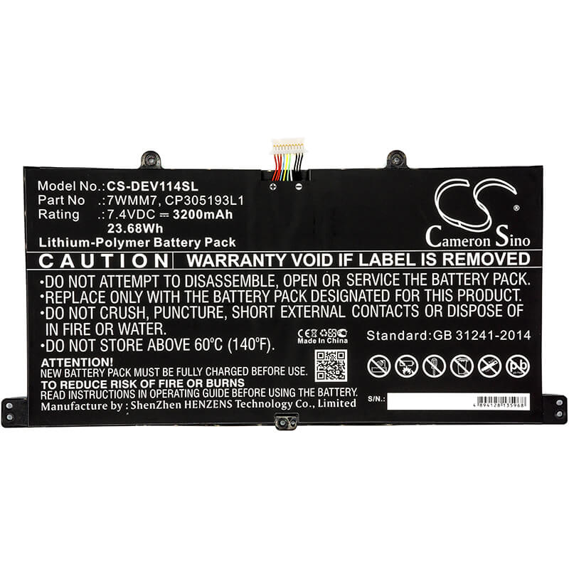 7.4V, 3200mAh, Li-Polymer Battery fits Dell, Cfc6c, D1r74, 23.68Wh