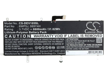 3.7V, 8600mAh, Li-Polymer Battery fits Dell, Venue 10 5000, Venue 10 5050, 31.82Wh