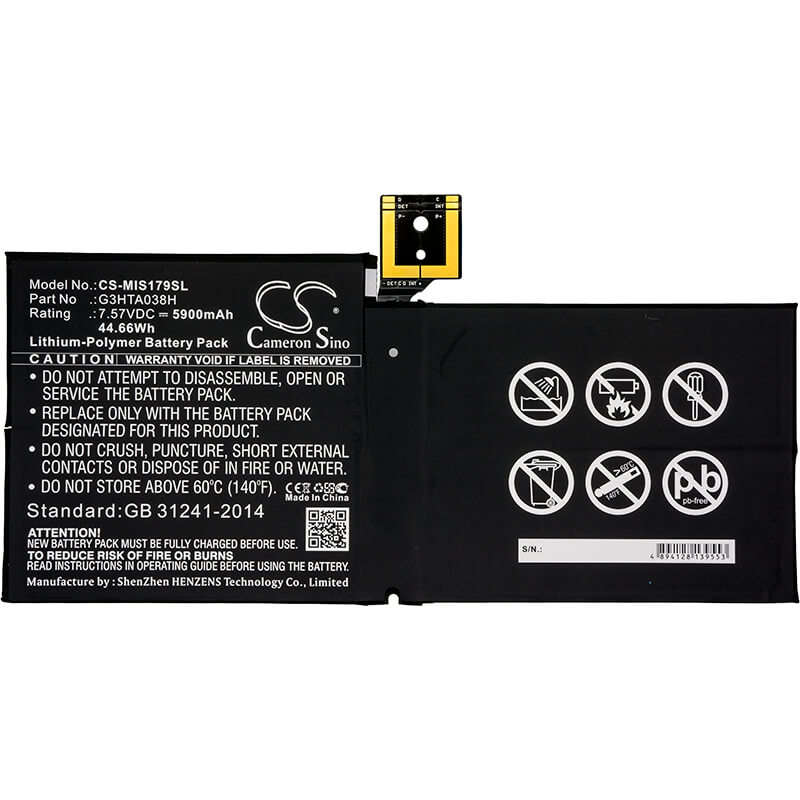 7.57V, 5900mAh, Li-Polymer Battery fits Microsoft, Surface Pro 5, Surface Pro 5 1796, 44.663Wh