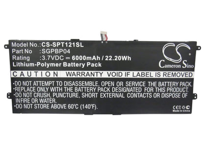 3.7V, 6000mAh, Li-Polymer Battery fits Sony, Gpt121, Sgpt121us/s, 22.2Wh