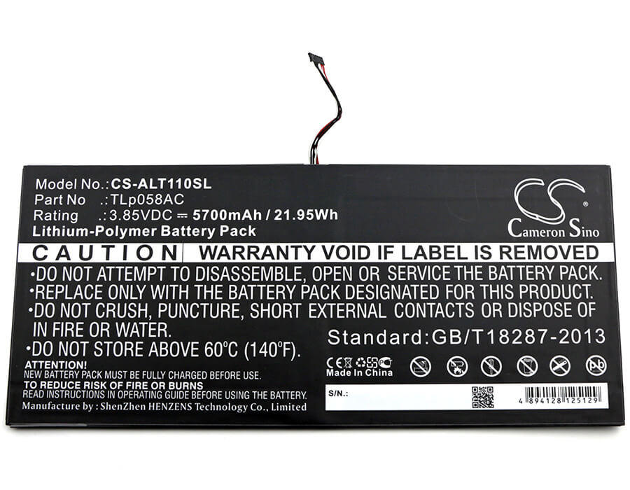 3.85V, 5700mAh, Li-Polymer Battery fits Alcatel, One Touch Plus 10", Ot-8085, 21.945Wh