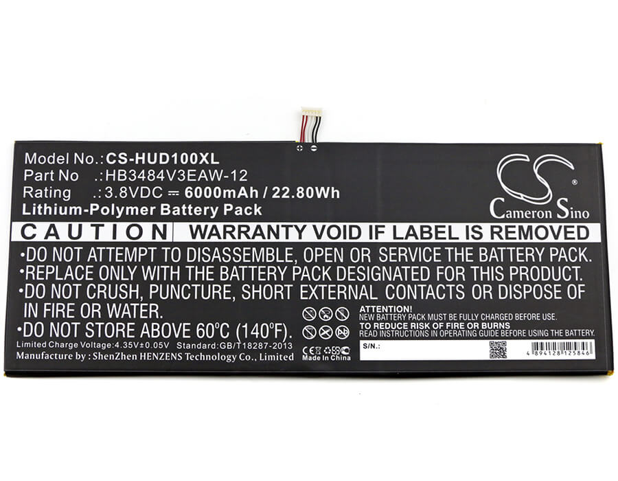 3.8V, 6000mAh, Li-Polymer Battery fits Huawei, D-01h, Dtab, 22.8Wh