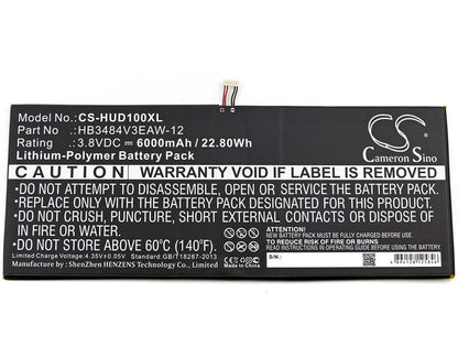 3.8V, 6000mAh, Li-Polymer Battery fits Huawei, D-01h, Dtab, 22.8Wh