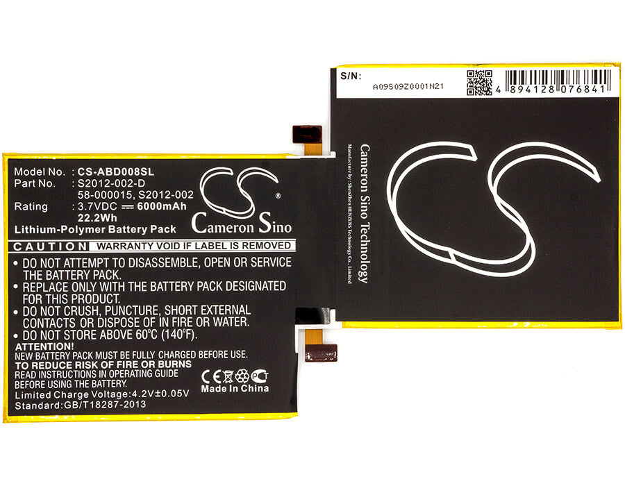3.7V, 6000mAh, Li-Polymer Battery fits Amazon, 3ht7g, Kindle Fire 8.9", 22.2Wh