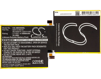 3.7V, 6000mAh, Li-Polymer Battery fits Amazon, 3ht7g, Kindle Fire 8.9", 22.2Wh