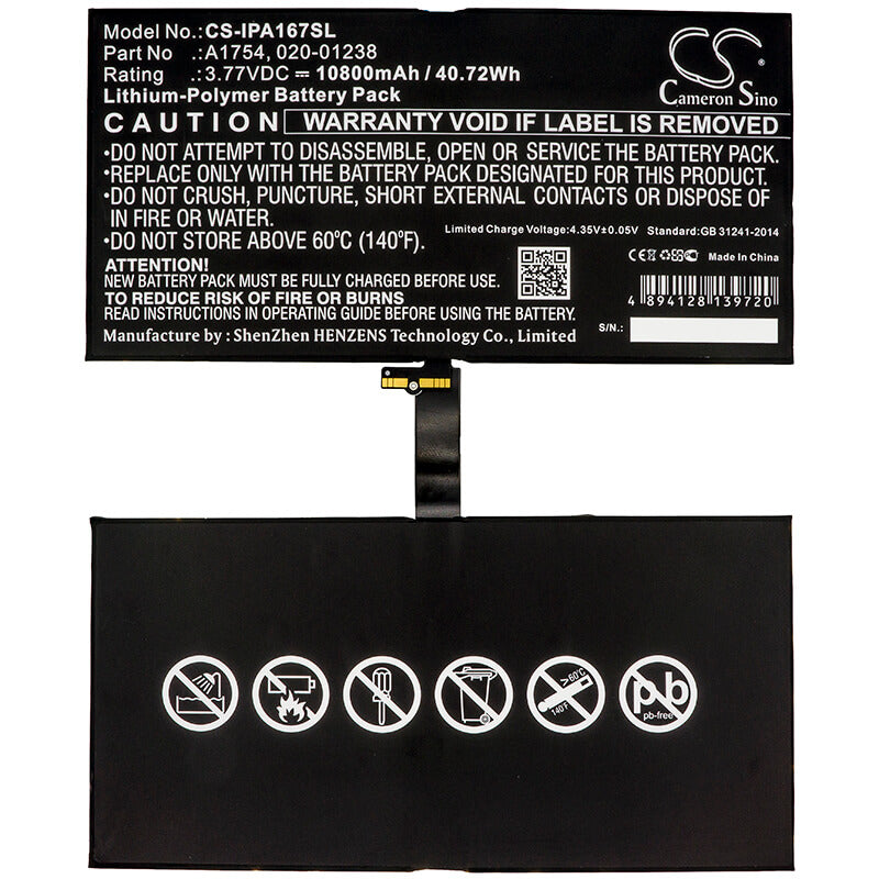 3.77V, 10800mAh, Li-Polymer Battery fits Apple, A1670, A1671, 40.716Wh