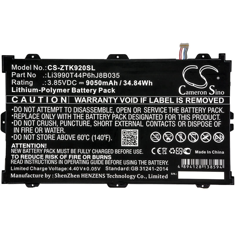 3.85V, 9050mAh, Li-Polymer Battery fits Zte, K92, Primetime, 34.8425Wh