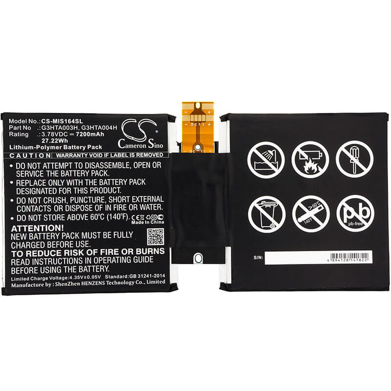 3.78V, 7200mAh, Li-Polymer Battery fits Microsoft, Msk-1645, Surface 3 10.8", 27.216Wh