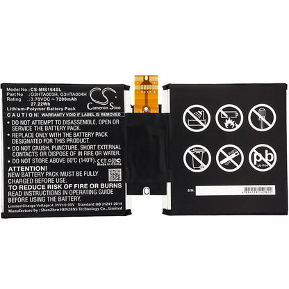 3.78V, 7200mAh, Li-Polymer Battery fits Microsoft, Msk-1645, Surface 3 10.8", 27.216Wh
