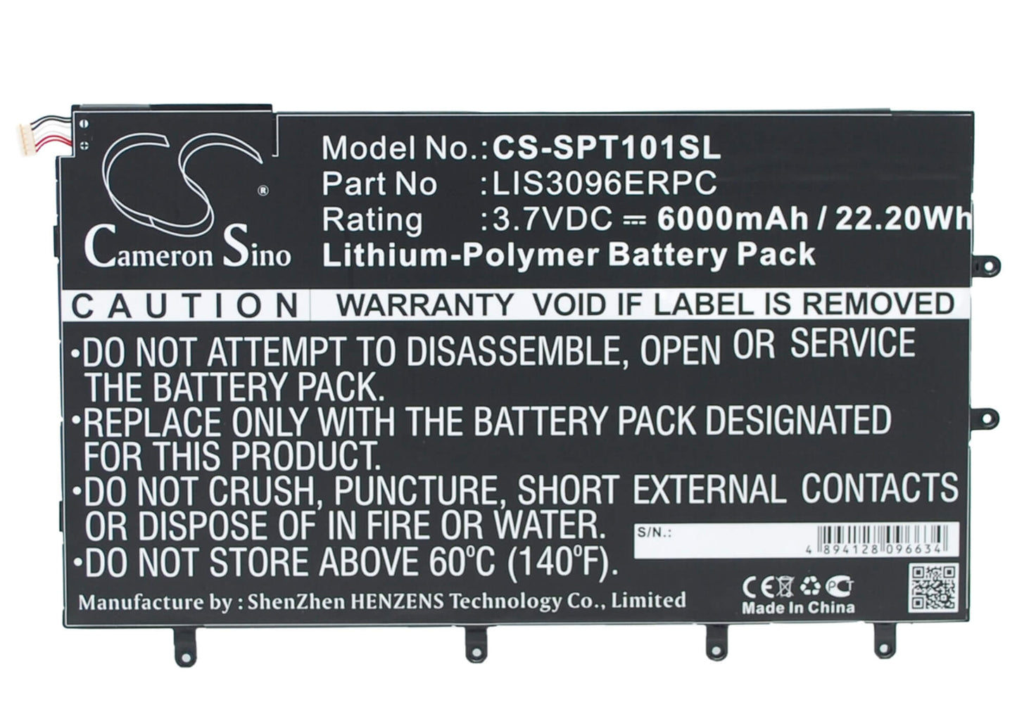 3.7V, 6000mAh, Li-Polymer Battery fits Sony, Sgp321, So-03e, 22.2Wh