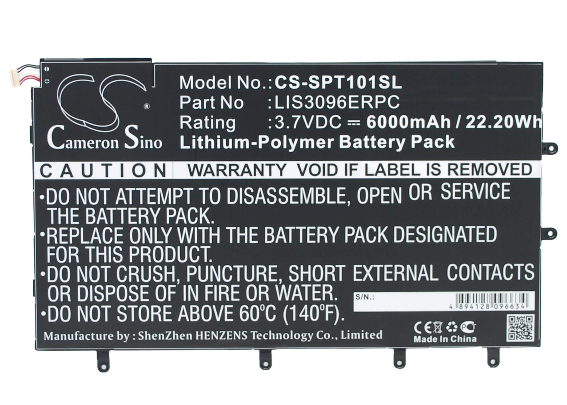 3.7V, 6000mAh, Li-Polymer Battery fits Sony, Sgp321, So-03e, 22.2Wh