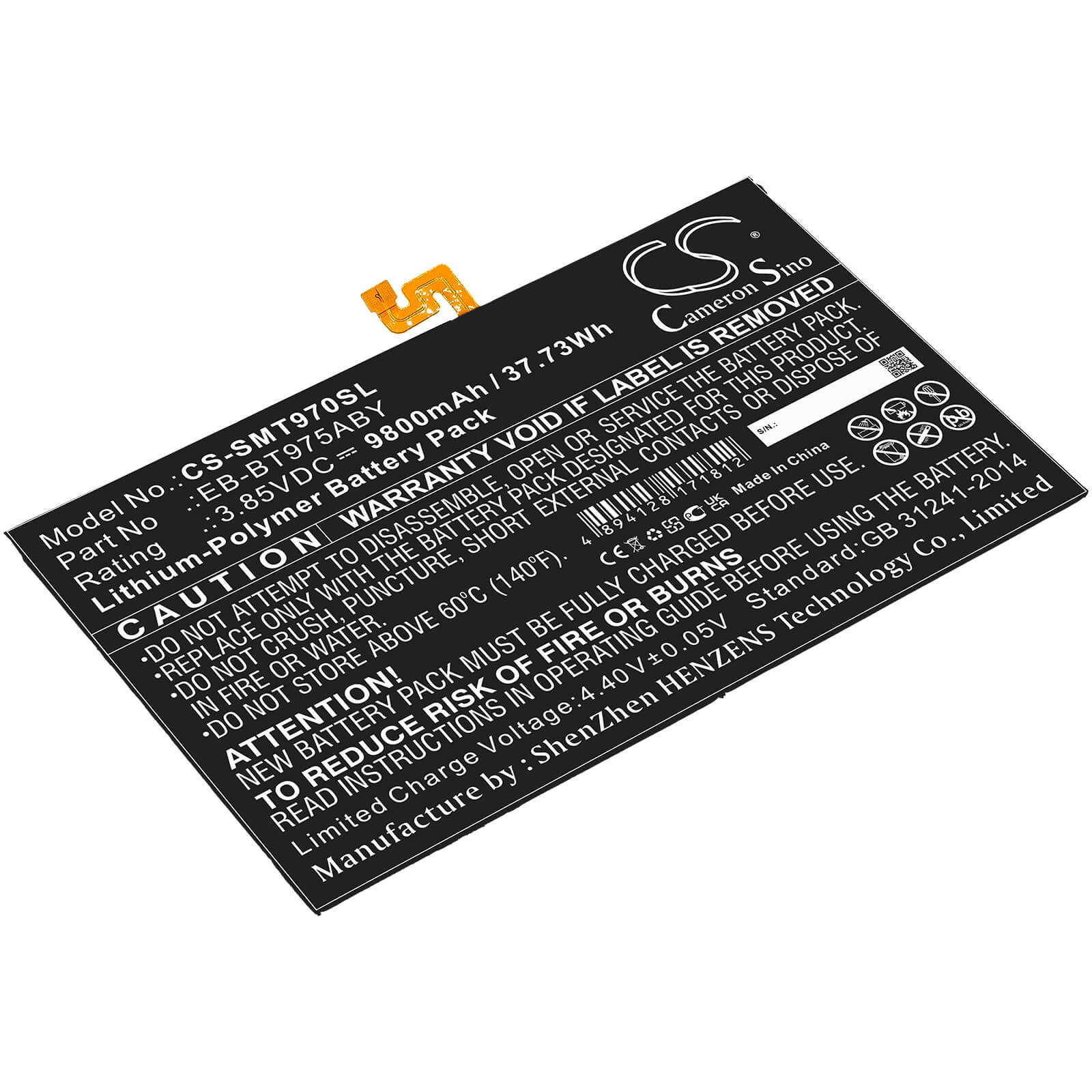 3.85V, 9800mAh, Li-Polymer Battery fits Samsung, Galaxy Tab S7 Plus 12.4, Galaxy Tab S7+ 12.4 2020, 37.73Wh