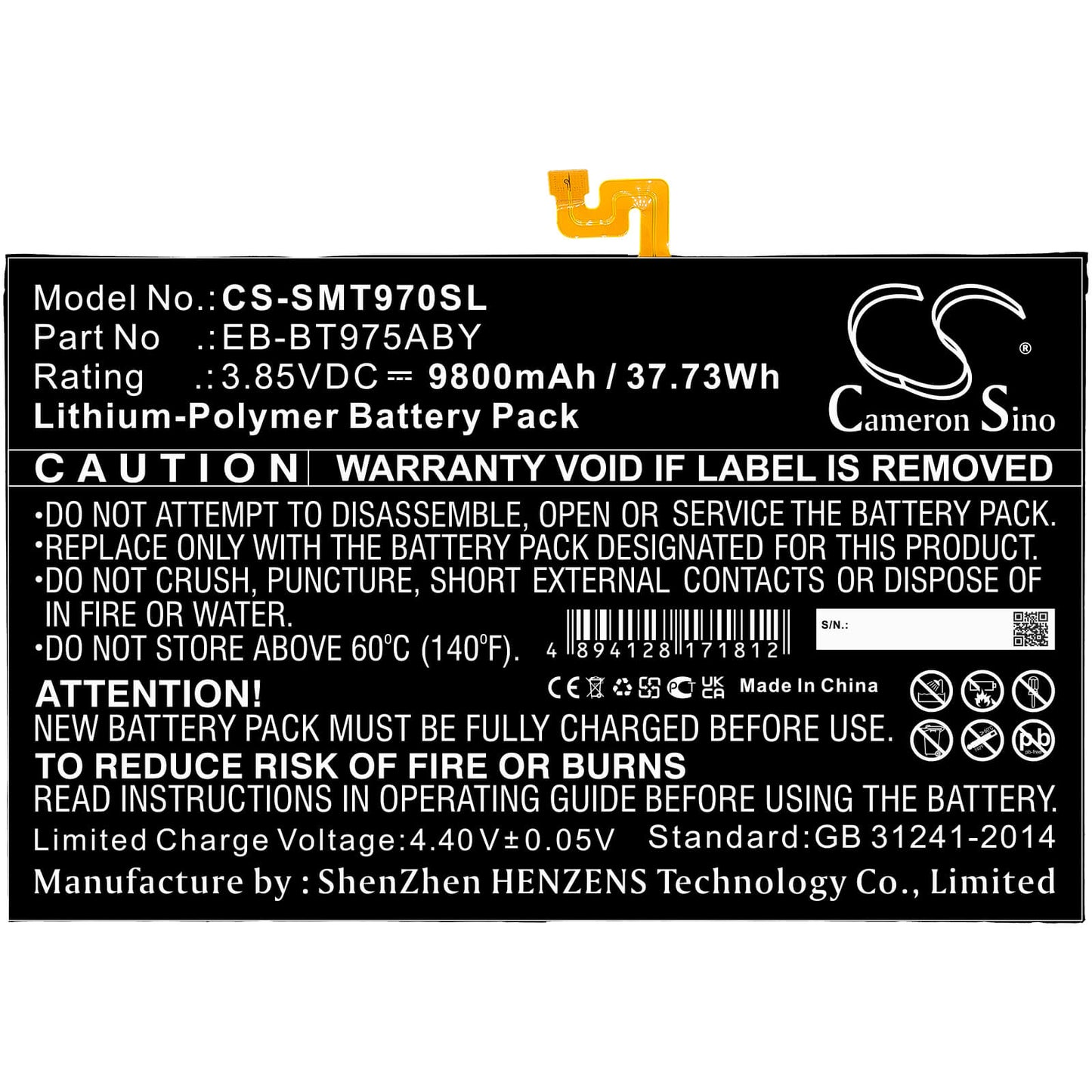 3.85V, 9800mAh, Li-Polymer Battery fits Samsung, Galaxy Tab S7 Plus 12.4, Galaxy Tab S7+ 12.4 2020, 37.73Wh