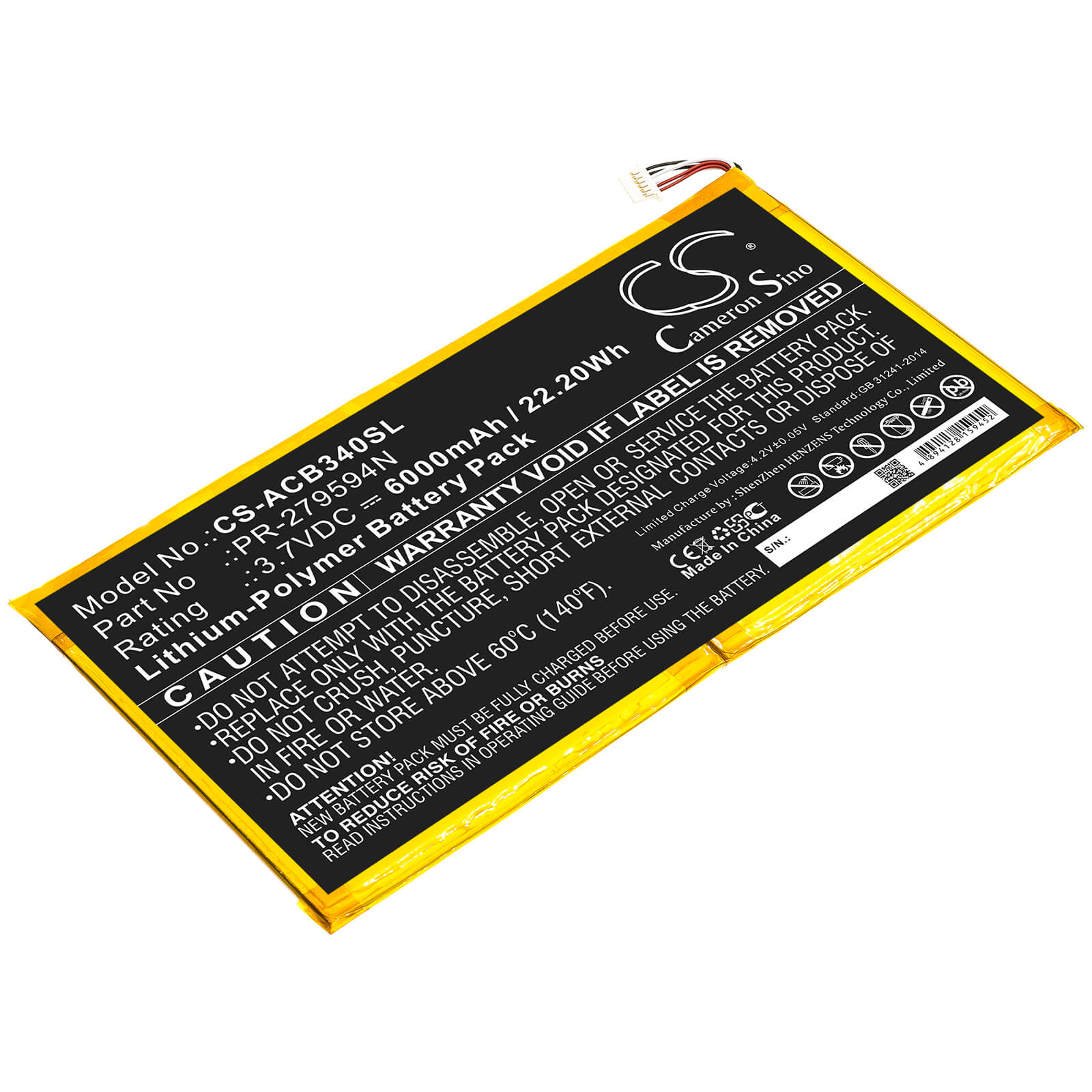 3.7V, 6000mAh, Li-Polymer Battery fits Acer, Iconia One 10 B3-a40, 22.2Wh