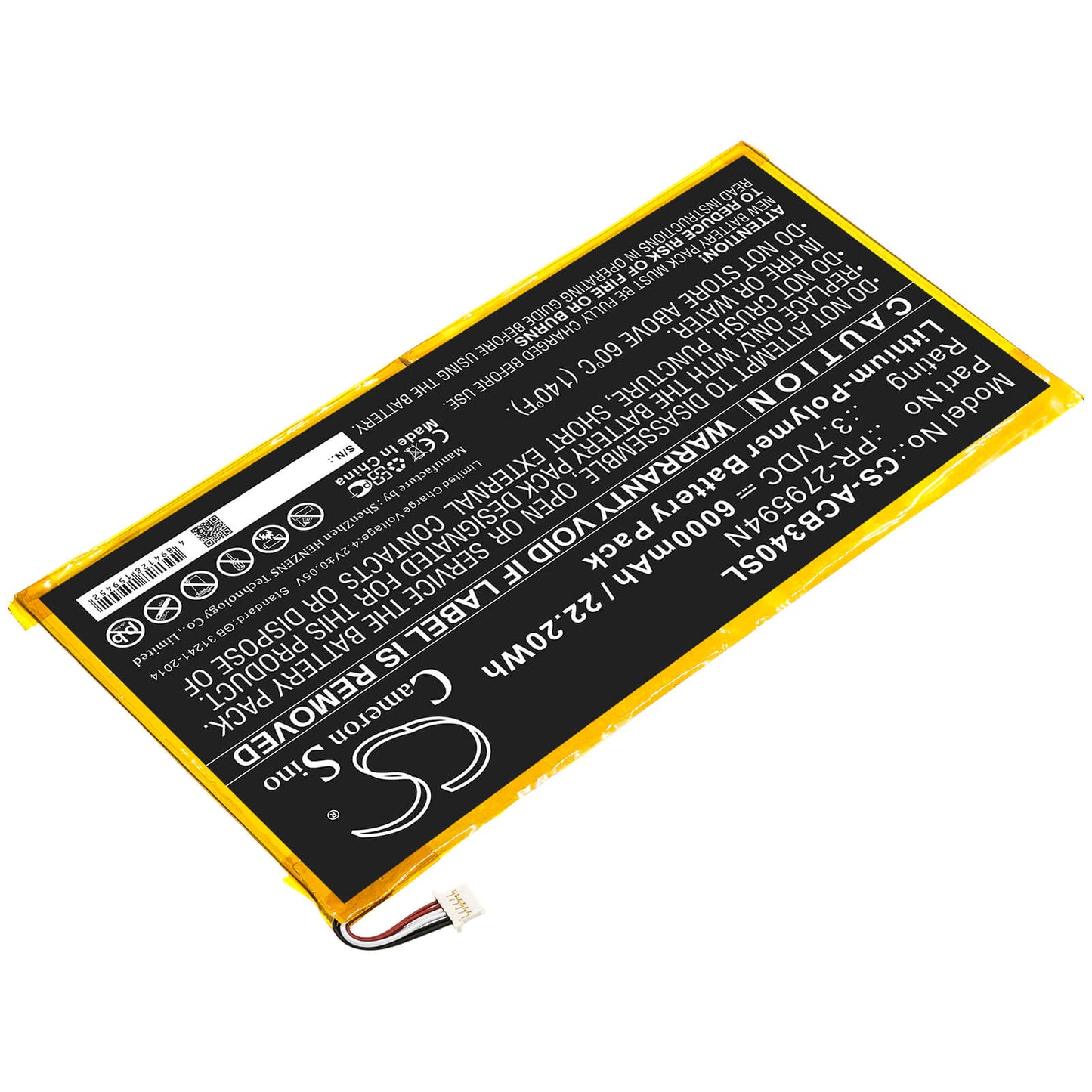 3.7V, 6000mAh, Li-Polymer Battery fits Acer, Iconia One 10 B3-a40, 22.2Wh