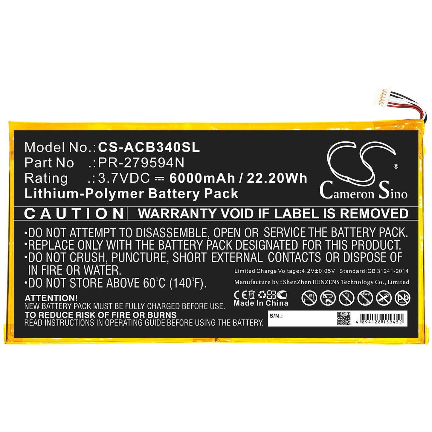 3.7V, 6000mAh, Li-Polymer Battery fits Acer, Iconia One 10 B3-a40, 22.2Wh