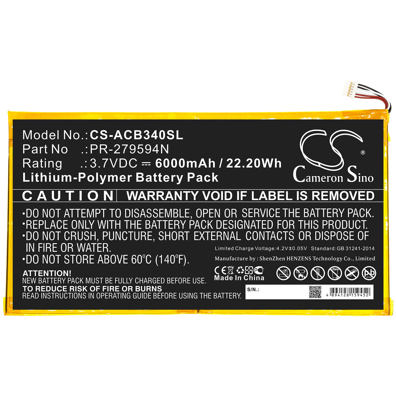 3.7V, 6000mAh, Li-Polymer Battery fits Acer, Iconia One 10 B3-a40, 22.2Wh
