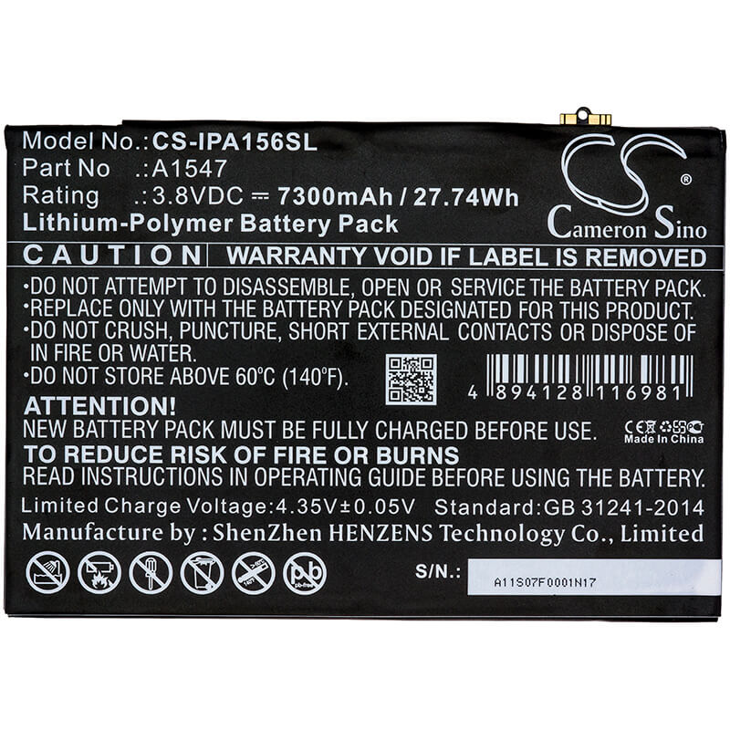 3.8V, 7300mAh, Li-Polymer Battery fits Apple, A1547, A1566, 27.74Wh