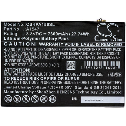 3.8V, 7300mAh, Li-Polymer Battery fits Apple, A1547, A1566, 27.74Wh